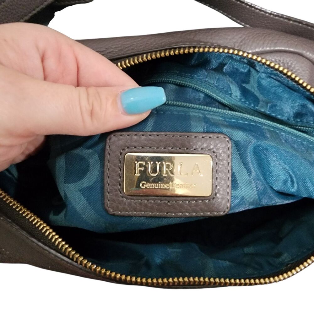 Furla Pebbled Leather Shoulder Bag Gray Gold Hardware Zip Top Hobo Purse - Picture 7 of 8